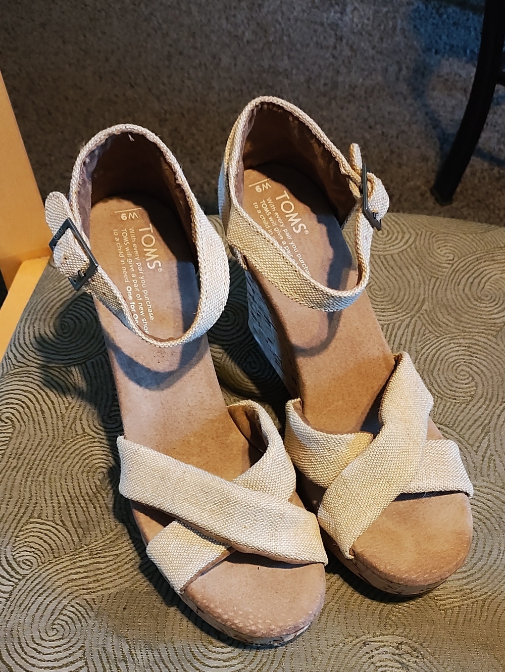 TOMS Natural Beige Crisscross Canvas Wedge Sandals with Ankle Strap